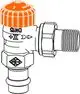 Thermostatventilunterteil von IMI Hydronic Engineering mit orangefarbenem Kopf und mehreren Anschlussmöglichkeiten, dargestellt in einer grafischen Darstellung.